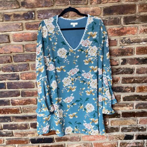Kori America Teal Green Floral Bell Flare Sleeve Mini Shift Dress Women's Small - Picture 1 of 5